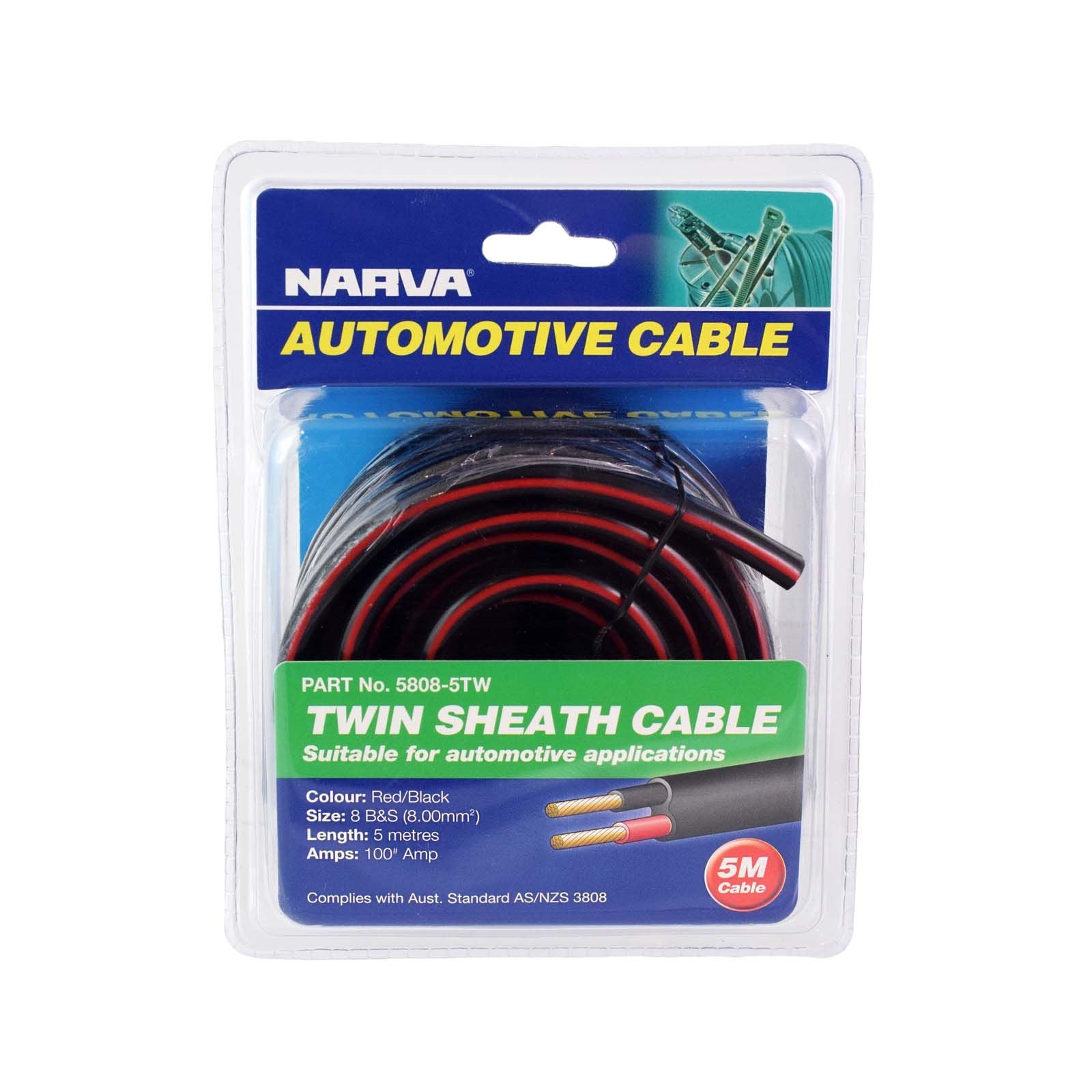 (100 AMP) 8 B&S TWIN CORE CABLE - 5 M Red/Black with Black Tracer BLISTER PACKED - Trek Hardware