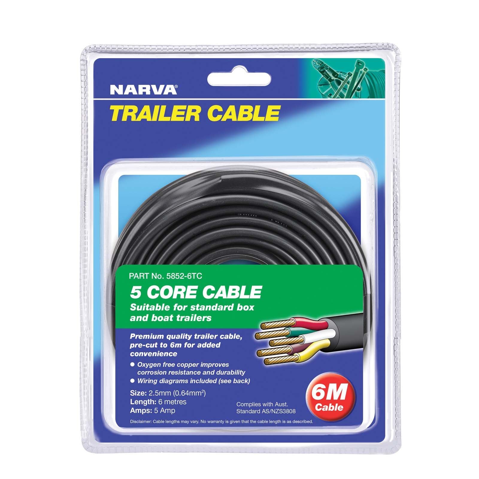 (5 AMP) 2.5MM 5 CORE TRAILER CABLE Red, Green, Yellow, White, Brown - Trek Hardware