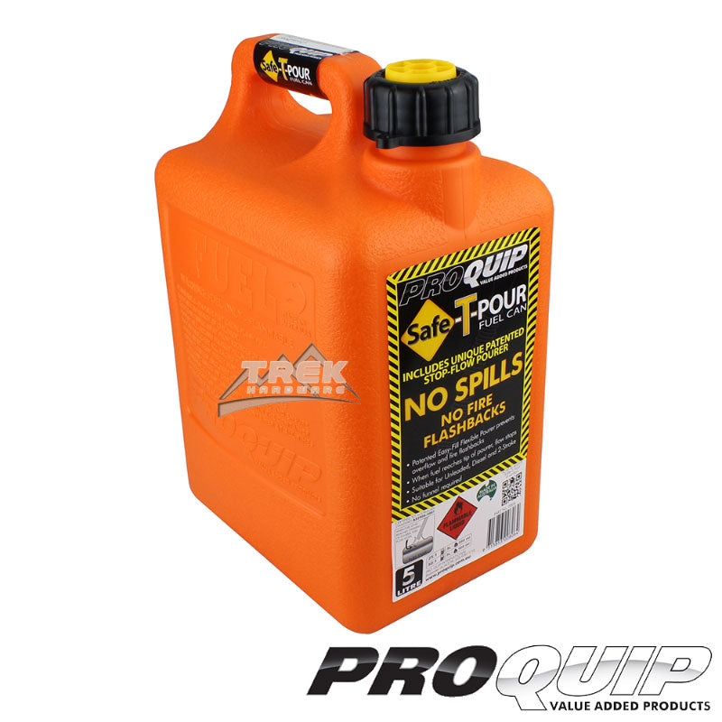 5L SAFE-T-POUR PLASTIC FUEL CAN WITH FILL & STOP POURER ORANGE - Trek Hardware