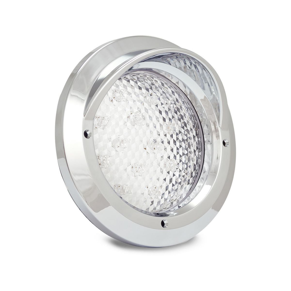 CHROME SERIES : MULTI 12-24VOLT STOP/TAIL LAMP 12 LEDS 148MM ROUND X 80MM INCLUDING GROMMET AND CHROME FLANGE.