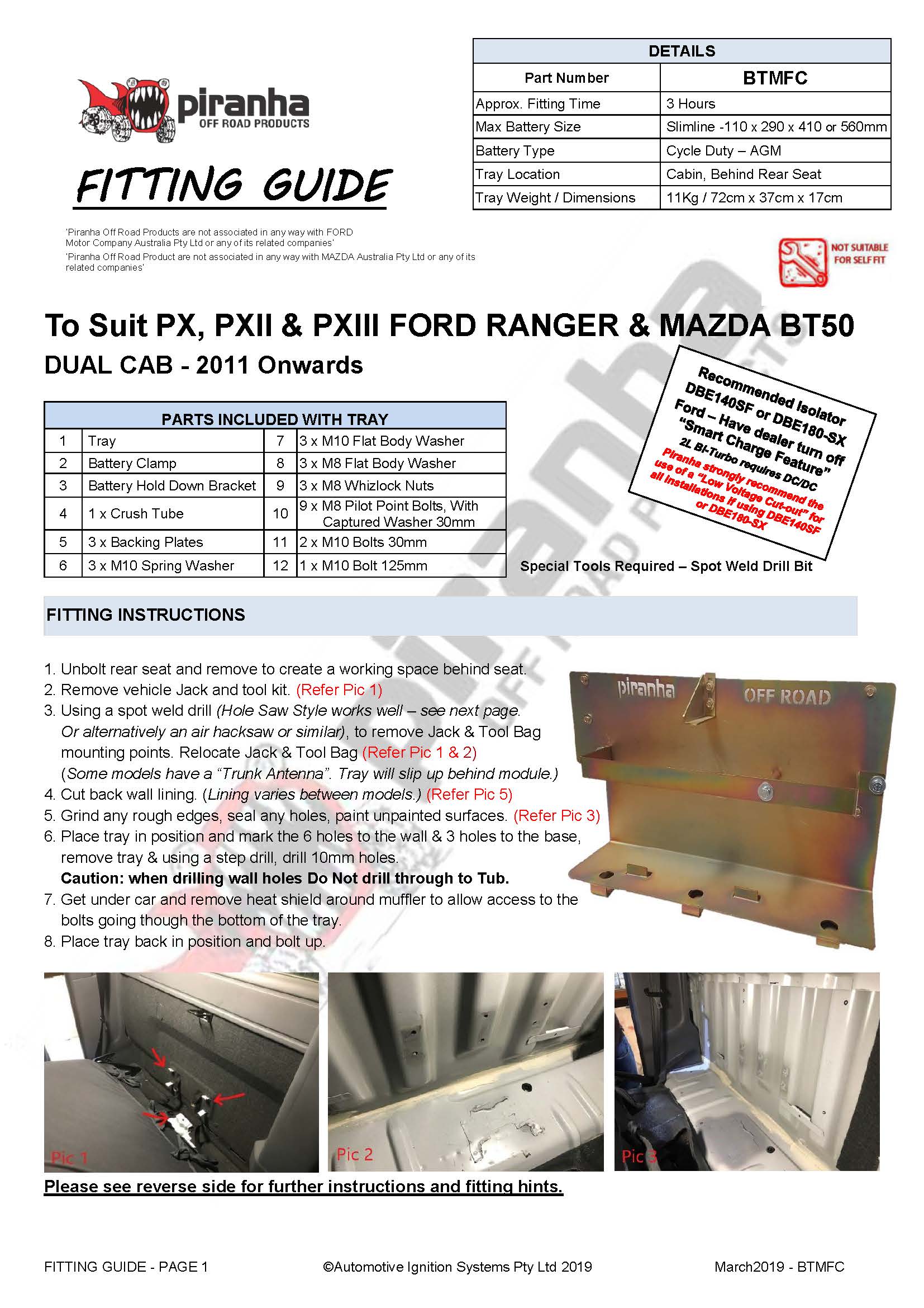 Battery Tray To Suit Ranger PX 10/2011 Onwards PX, PXII & PXIII Ford Ranger / Mazda BT50 Dual Cab - 2011 Onwards