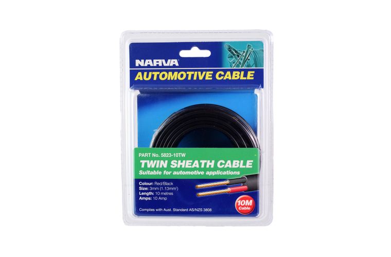 (10 AMP) 3MM TWIN CORE SHEATHED CABLE Red/Black with Black Tracer - Trek Hardware
