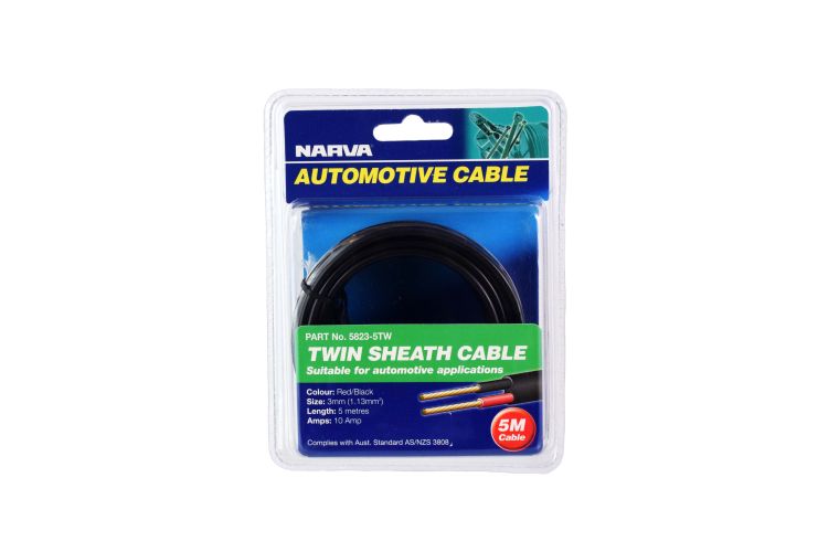 (10 AMP) 3MM TWIN CORE SHEATHED CABLE Red/Black with Black Tracer - Trek Hardware